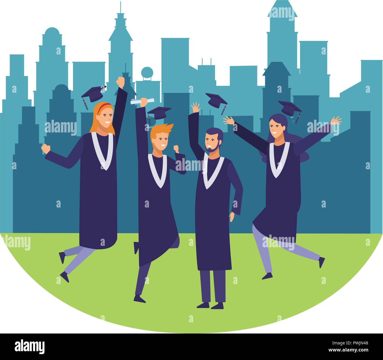 Graduation Students Design Students with gowns on graduation celebration over cityscape background ...