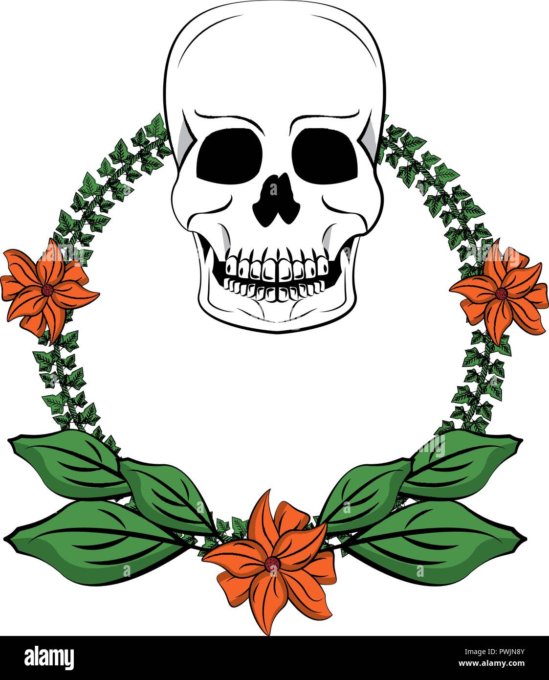 Skull with leaves and flowers drawing vector illustration graphic ...