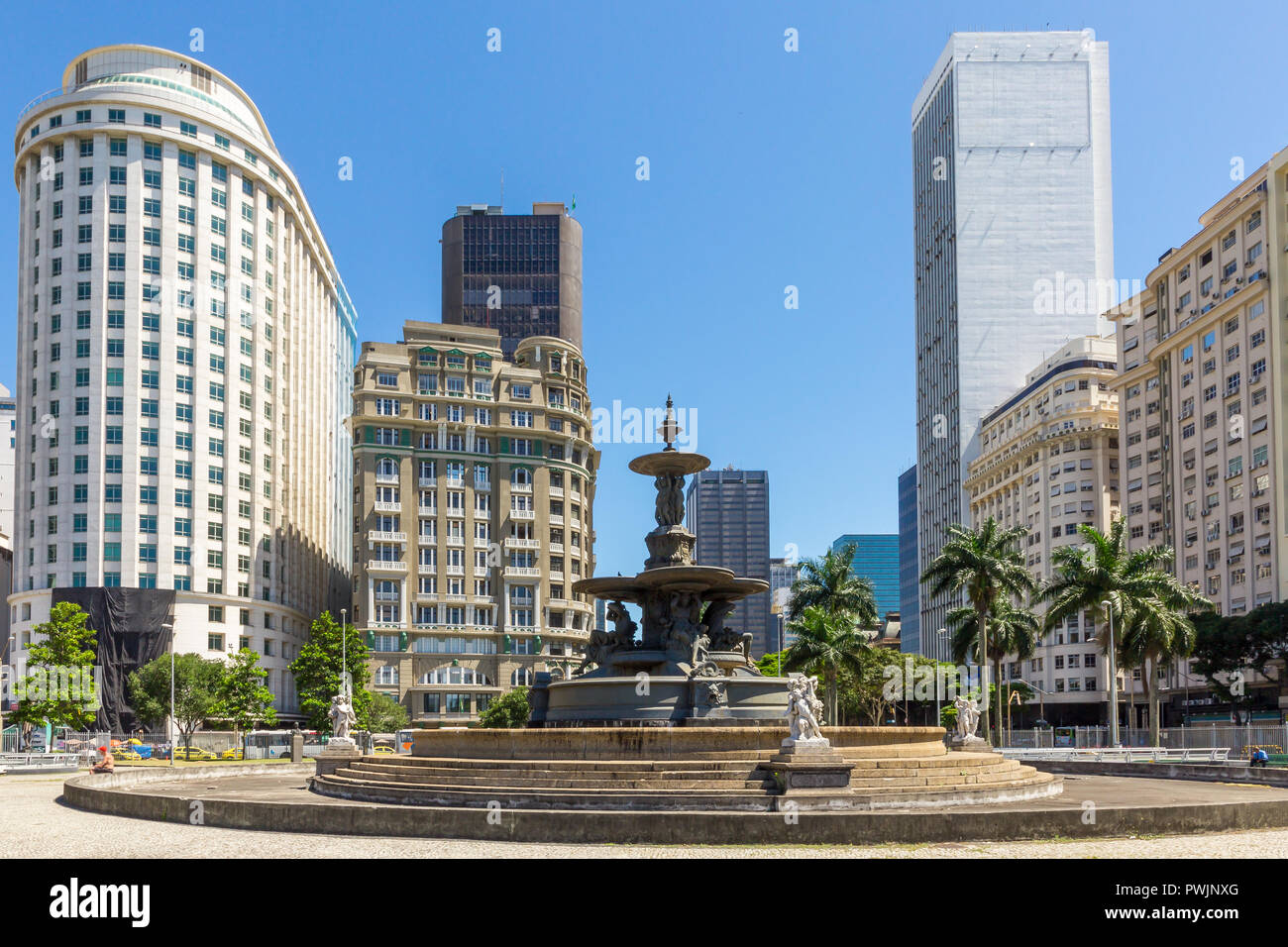 View from Mahatma Gandhi Square to the buildings at Cinelândia in the city centre of Rio de Janeiro, Brazil, South America Stock Photo