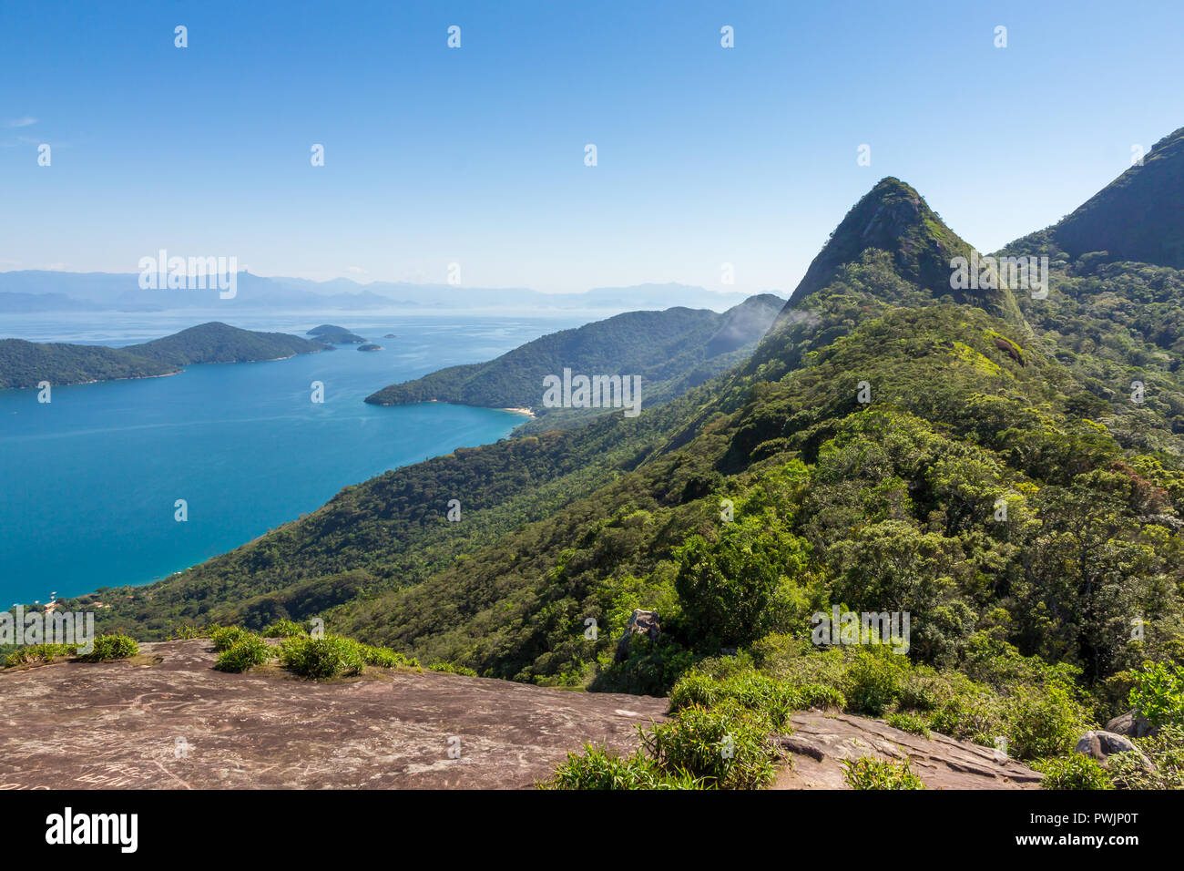 View from the Sugarloaf Peak over the fjord-like bay Saco do Mamanguá, Paraty, Brazil, South America Stock Photo