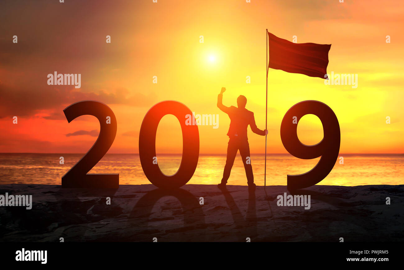 Businessman. Happy 2019 new year. Concept Silhouette Stock Photo