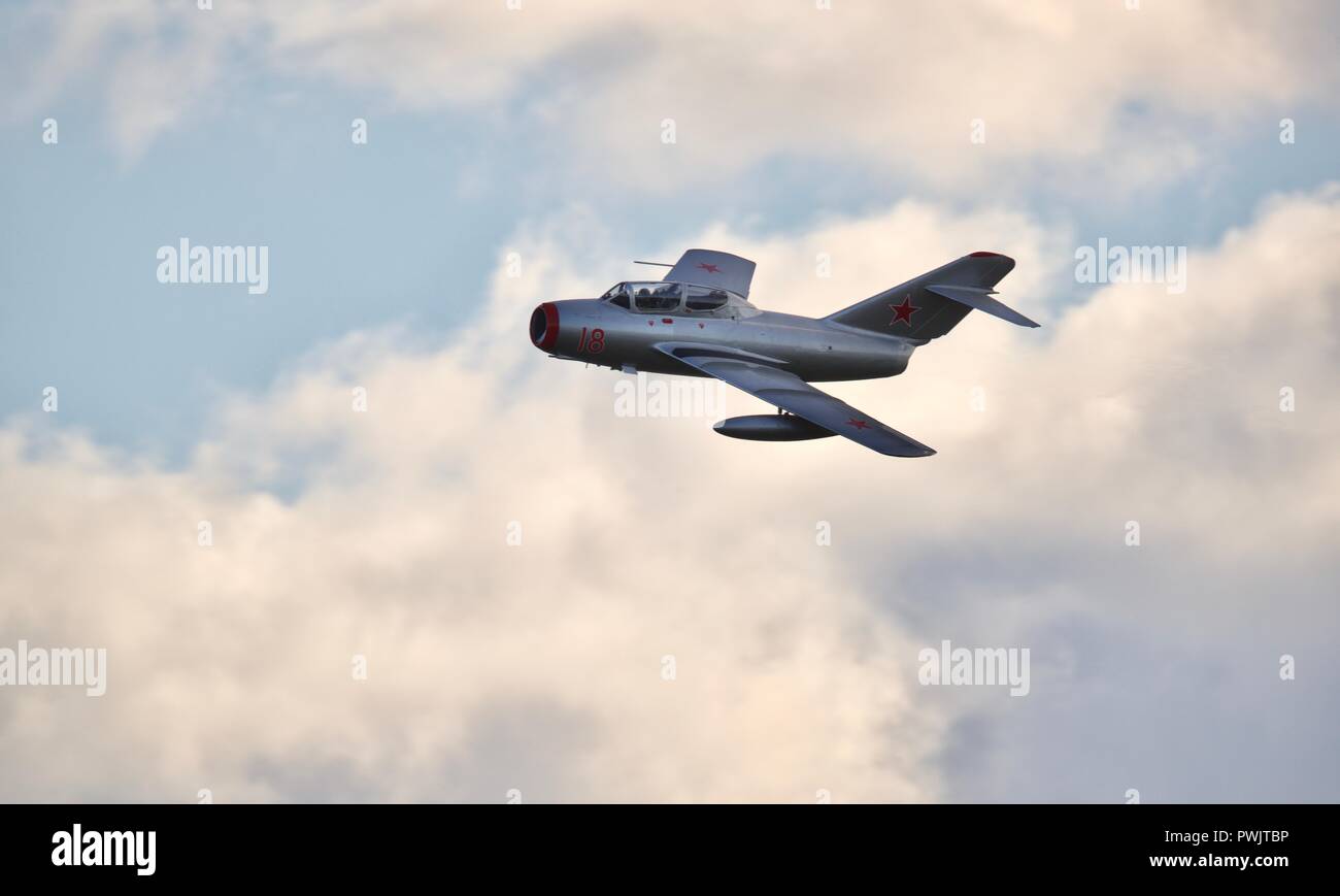 Mikoyan-Gurevich MiG-15 “RED 18”  flying at the IWM Duxford Battle of Britain Airshow on the 23 September 2018 Stock Photo