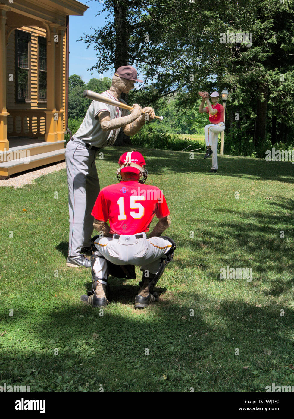 Baseball manikins in front of 'Arrowhead', the home of author Herman Melville,(Moby Dick) Pittsfield MA, USA Stock Photo