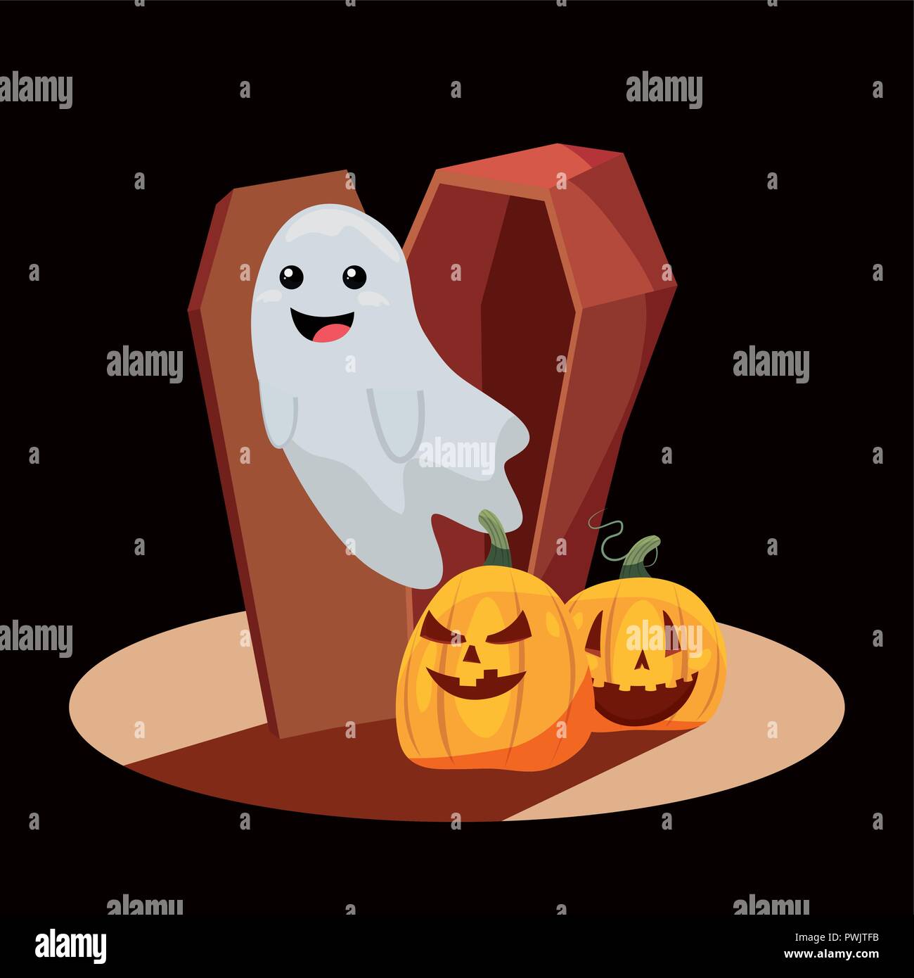 happy halloween coffin ghost scary pumpkins vector illustration Stock ...