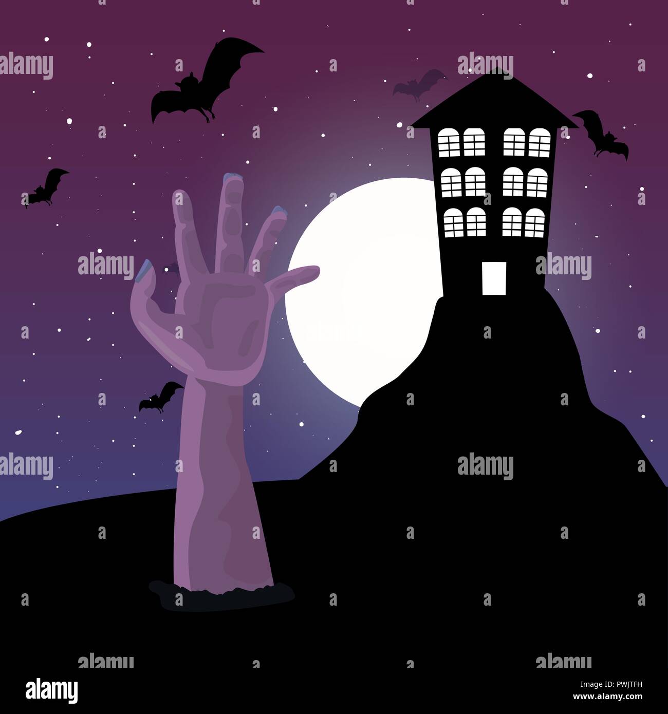 happy halloween dark house hand bats night moon vector illustration ...