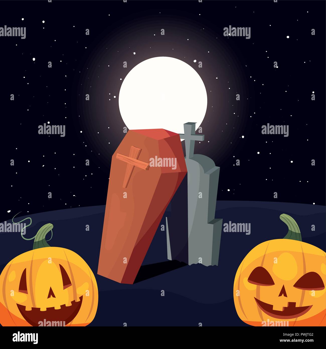 happy halloween pumpkins moon coffin vector illustration Stock Vector ...