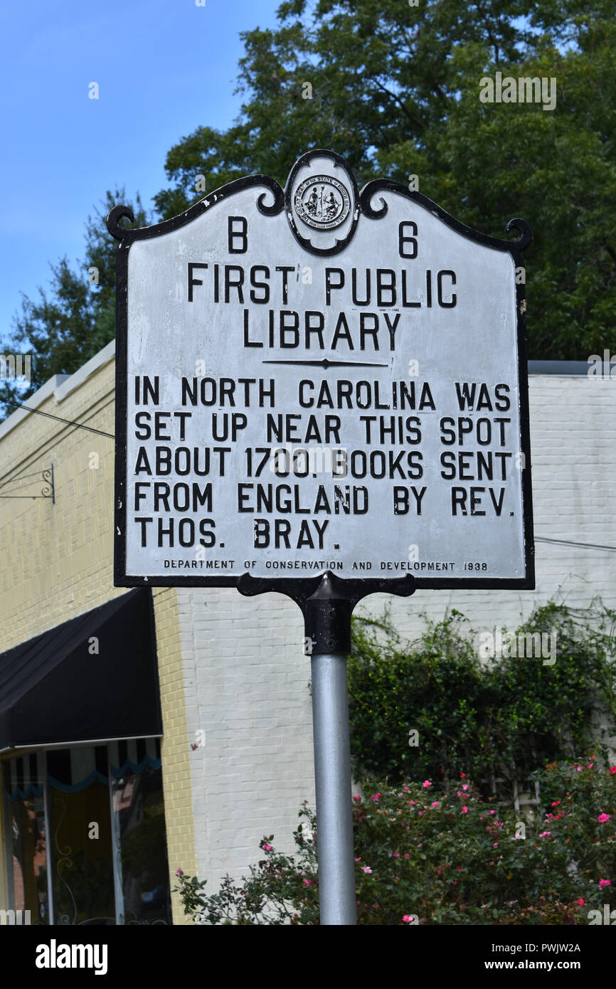 A Historic Marker showing the location of the First Public Library in