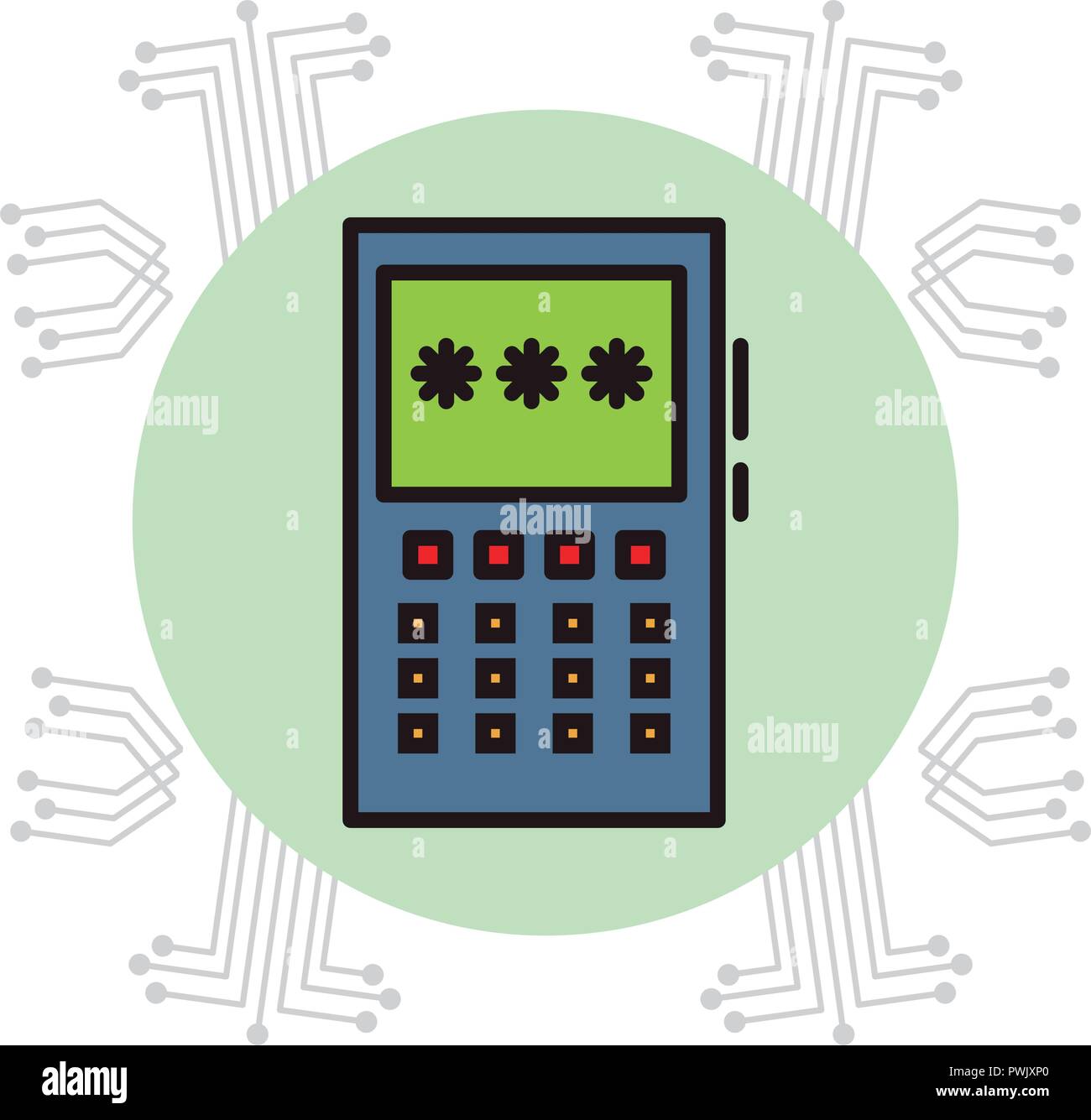 Door security device on microchip circuit emblem vector illustration