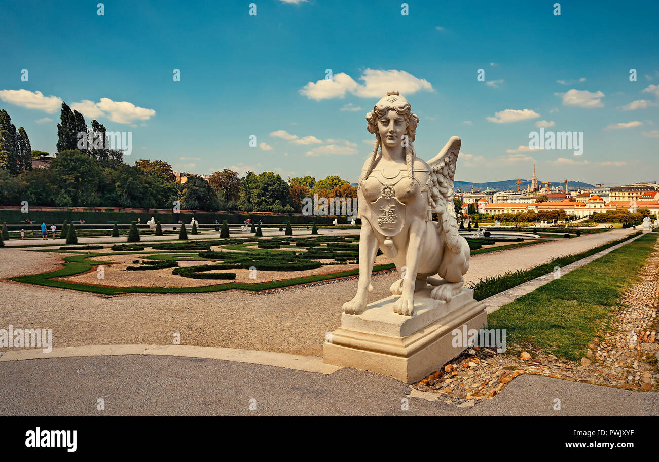 Statue of Sphinx in gardens on the back of Upper Belvedera palace in Vienna city, capital of Austria Stock Photo