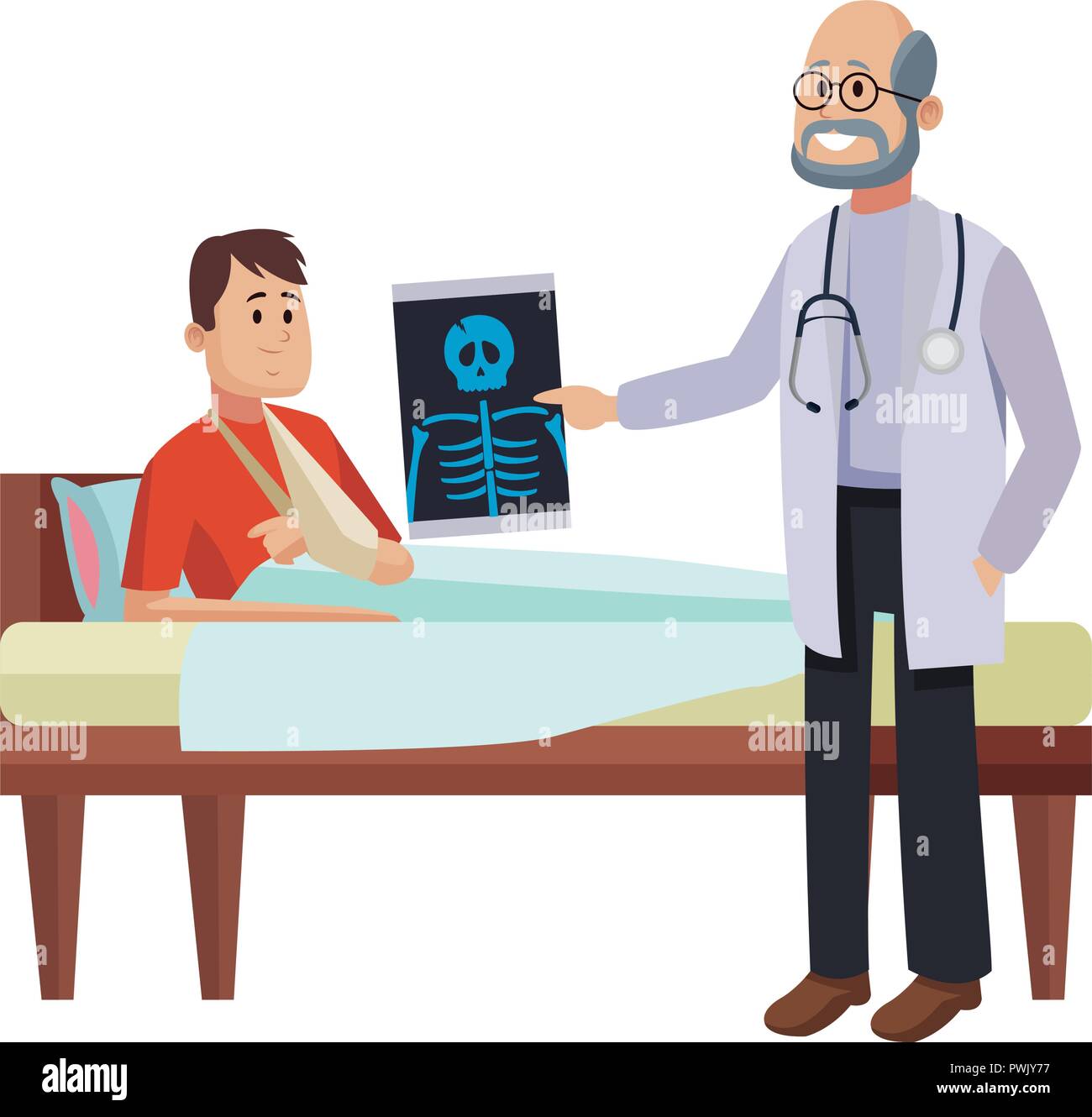 Doctor with patient on bed cartoon vector illustration graphic design