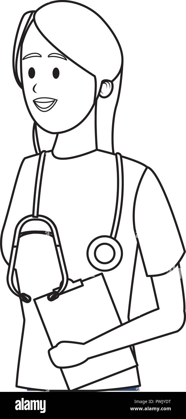 Woman Doctor With Stethoscope And Clipboard Cartoon In Black And White Vector Illustration Graphic Design Stock Vector Image Art Alamy