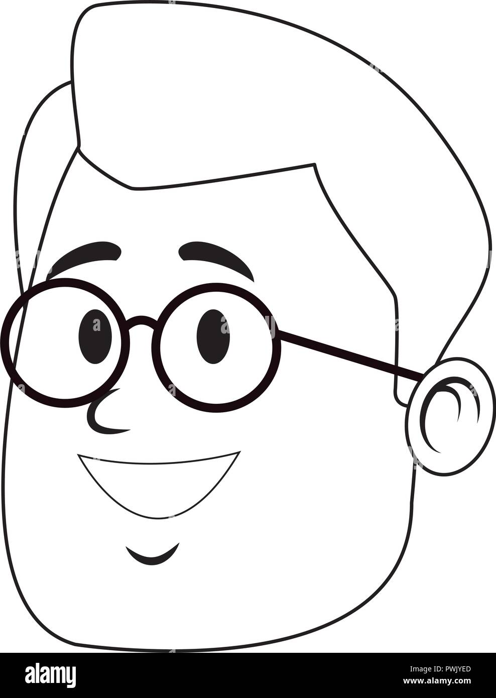 Man face with glasses cartoon in black and white vector illustration