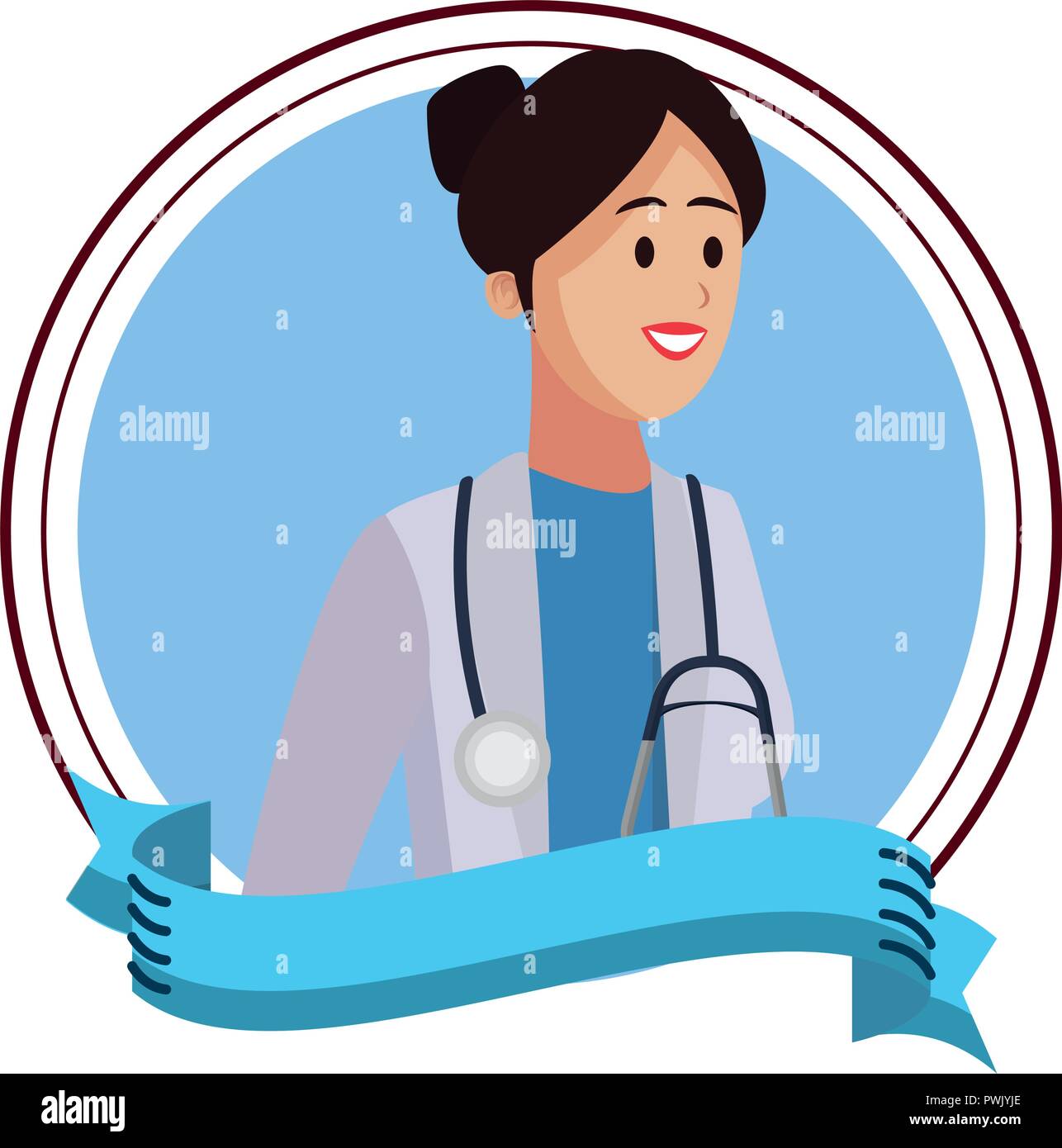 Woman doctor with stethoscope round emblem blank ribbon banner vector ...