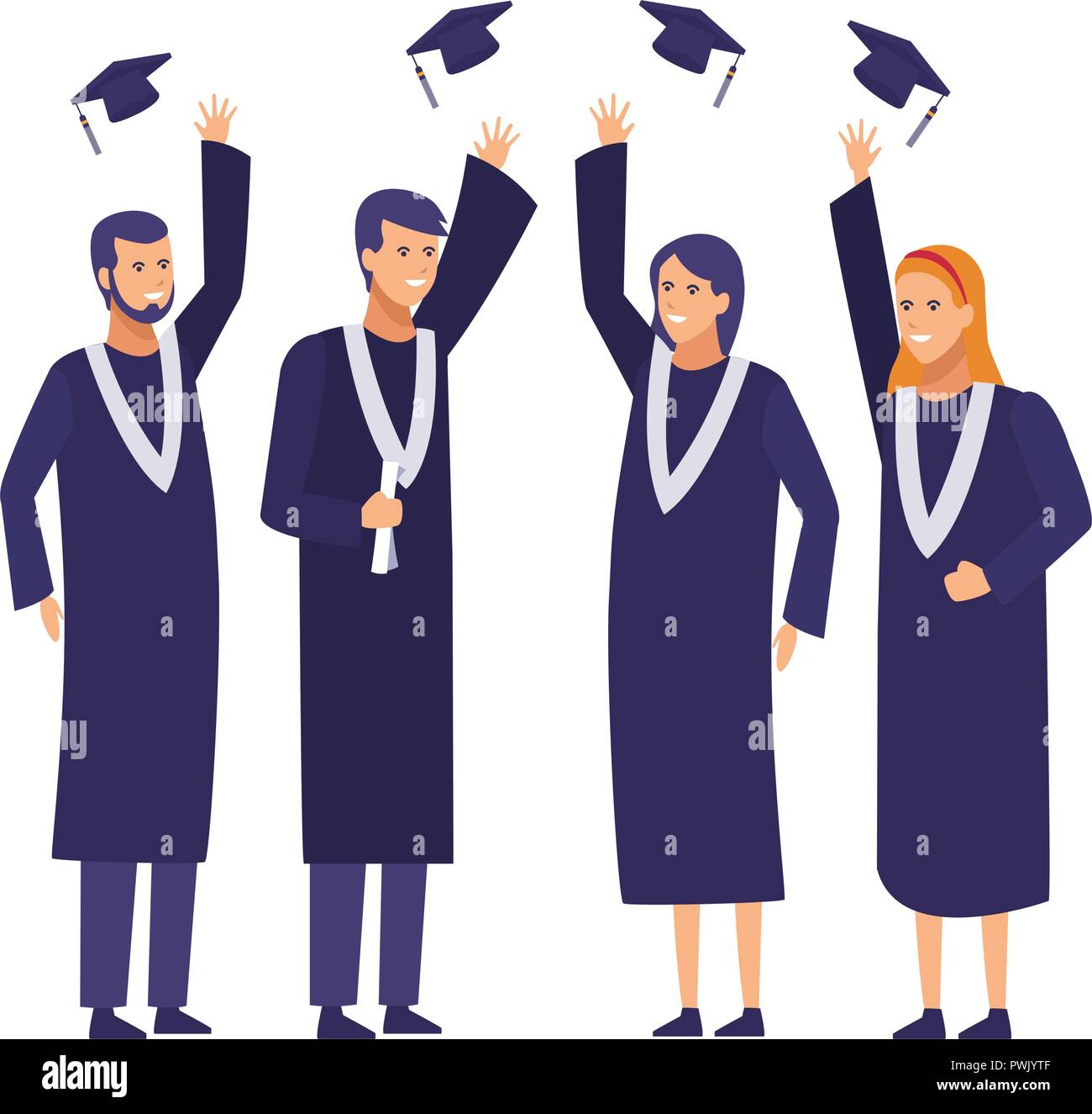 Students with gowns on graduation celebration vector illustration ...