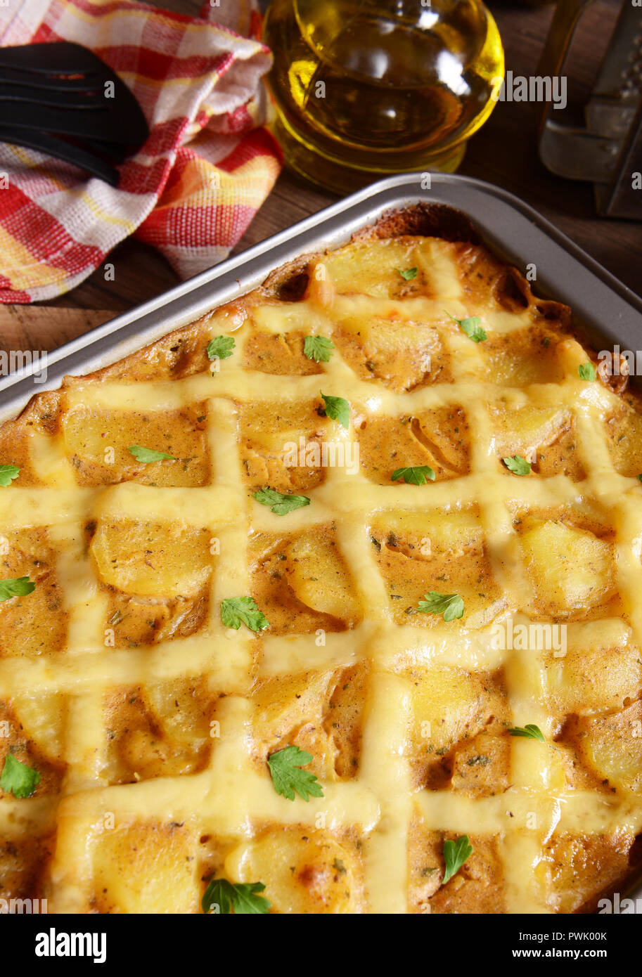 Casserole with potatoes, cheese and meat Stock Photo