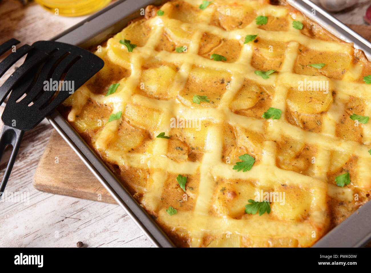 Casserole with potatoes, cheese and meat Stock Photo