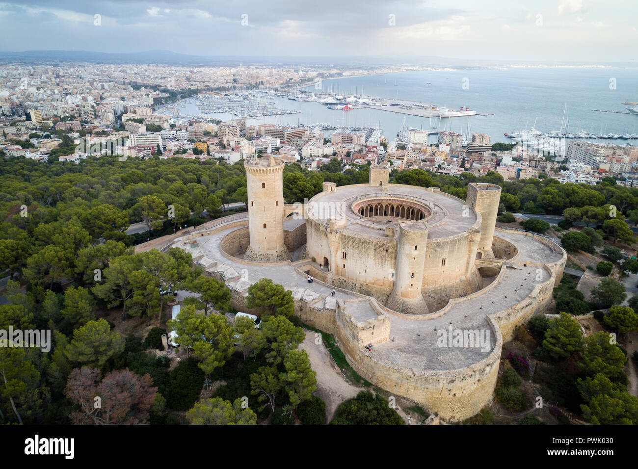 Aerial view of Bellver castle - medieval fortress in Palma de Mallorca, Balearic Islands, Spain Stock Photo
