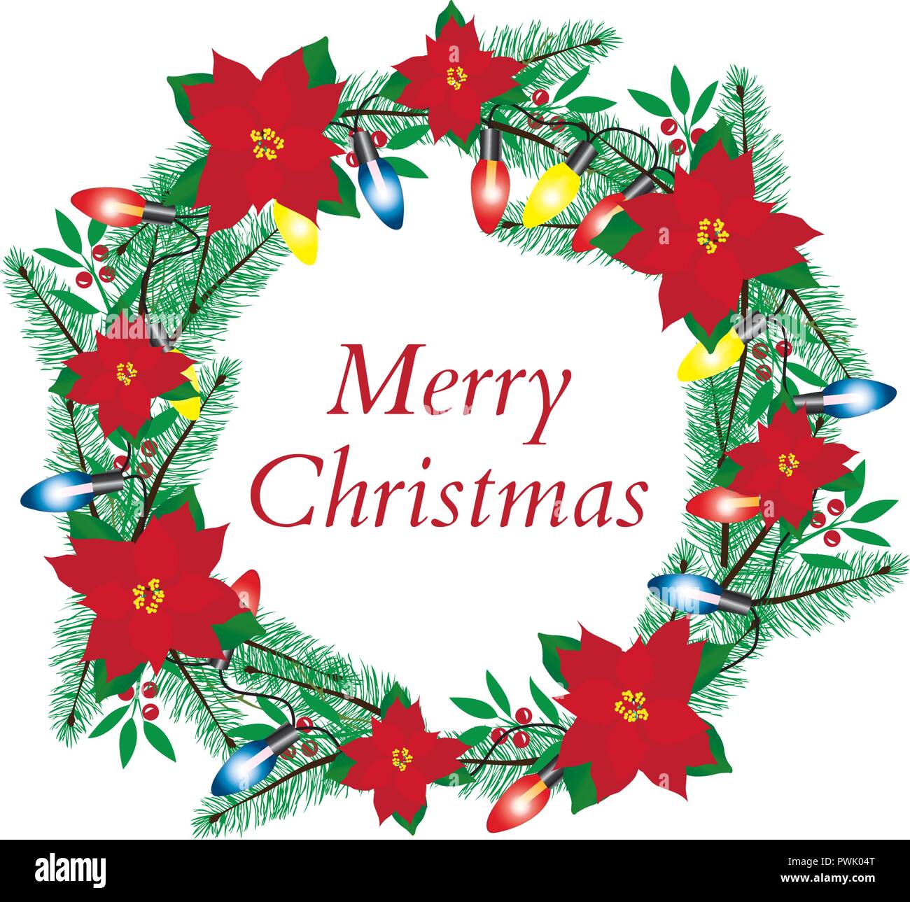 vector illustration of Christmas wreath with poinsettias and lights ...