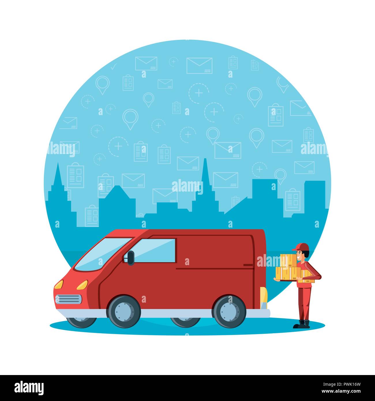 delivery van with courier worker logistic service vector illustration ...
