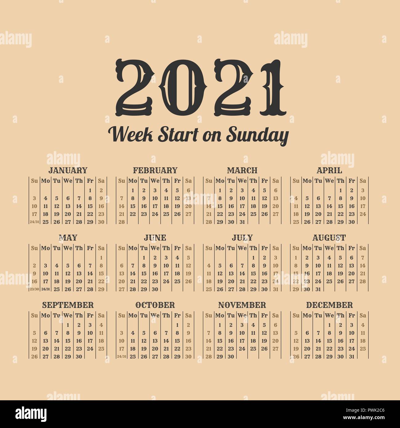 2021 Year Calendar In The Vintage Style On A Beige Background Stock Vector Image Art Alamy calendrier 2021 stylé