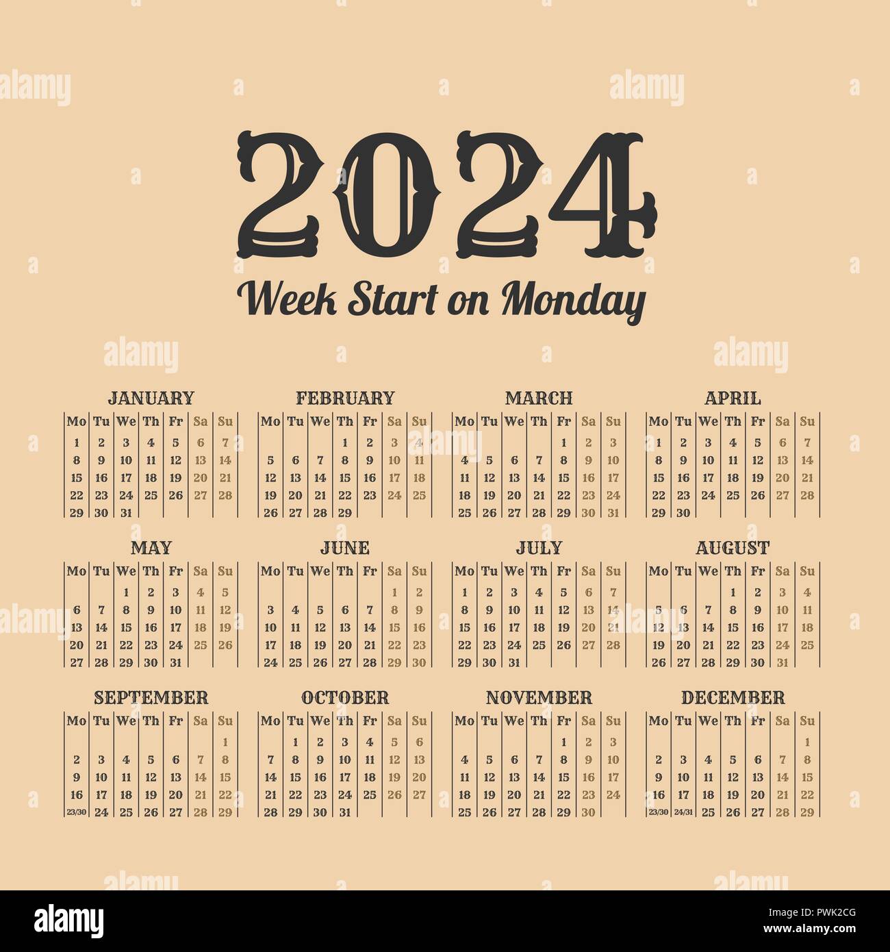 2024 year calendar in the vintage style on a beige background Stock
