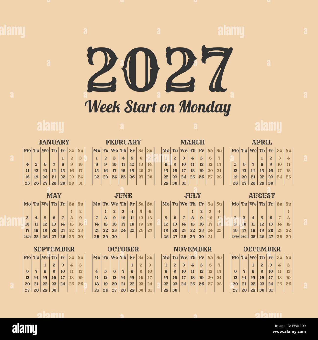 2027 Year Calendar In The Vintage Style On A Beige Background Stock Vector Image Art Alamy