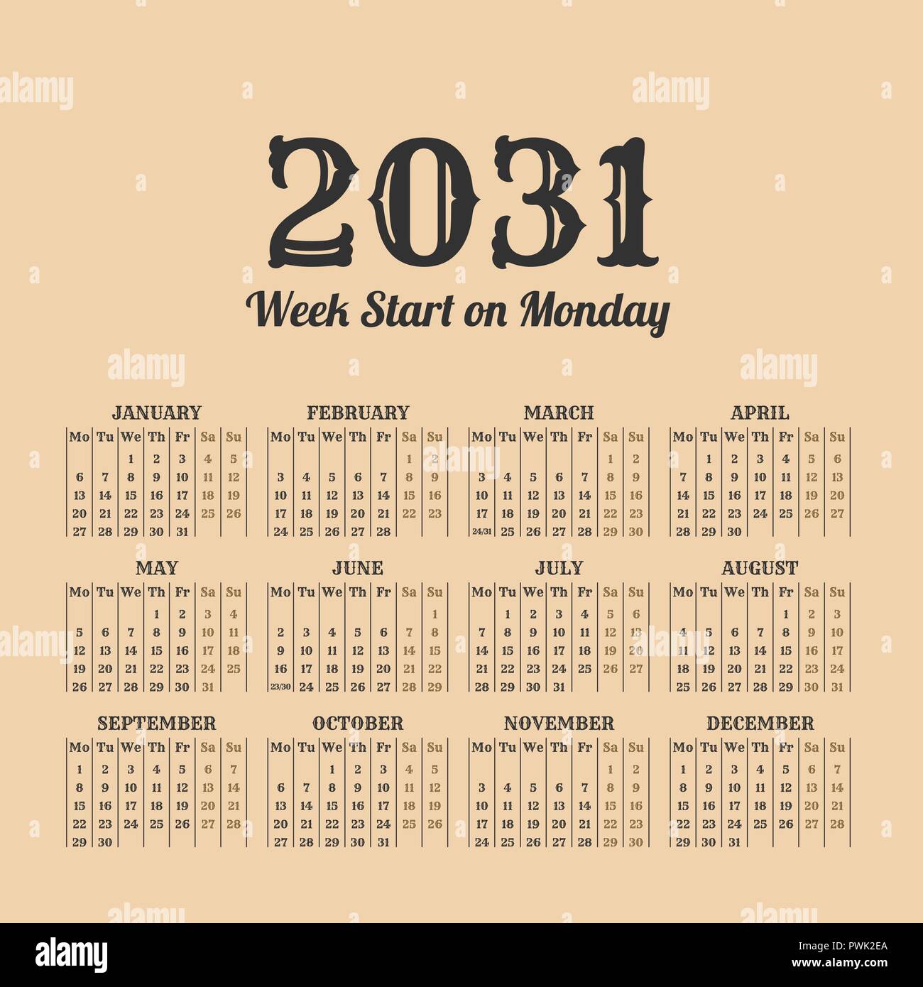 2031 year calendar in the vintage style on a beige background Stock ...
