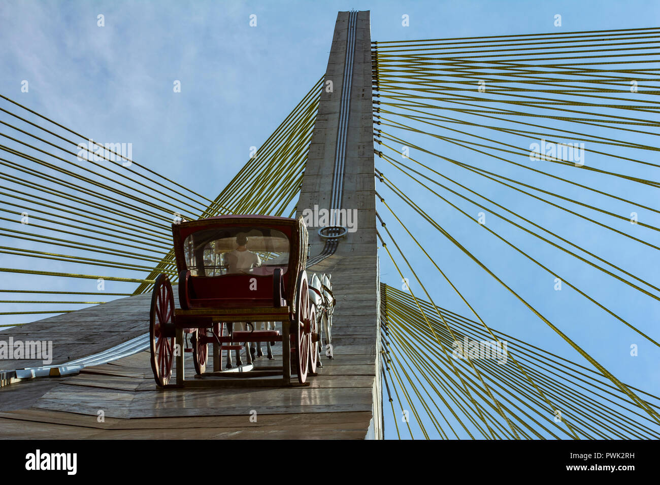 Carriage rising on a cablestayed bridge in Sao Paulo, Brazil. Decor