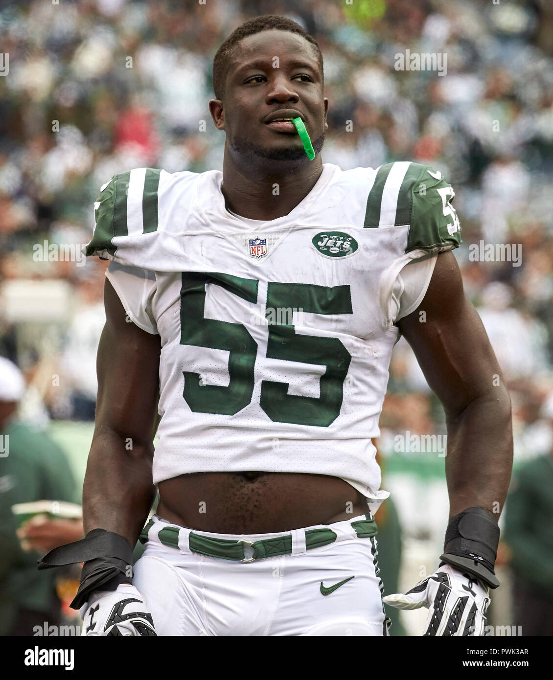 October 14, 2018 - East Rutherford, New Jersey, U.S. - New York Jets  linebacker Jeremiah Attaochu (55) on the sideline during a NFL game between  the Indianapolis Colts and the New York