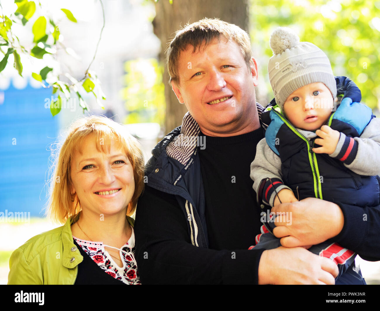 October 14, 2018 - Borisptyl, Kiev, Ukraine - Modern Ukrainian family seen during the celebrations..The Protection of the Virgin is a national holiday celebrated by the Ukrainian Orthodox Church. On this day, at the same time, the holiday of the Ukrainian Cossacks, the Day of the creation of the Ukrainian Rebel Army and the Day of Defender of Ukraine are celebrated. (Credit Image: © Igor Golovniov/SOPA Images via ZUMA Wire) Stock Photo