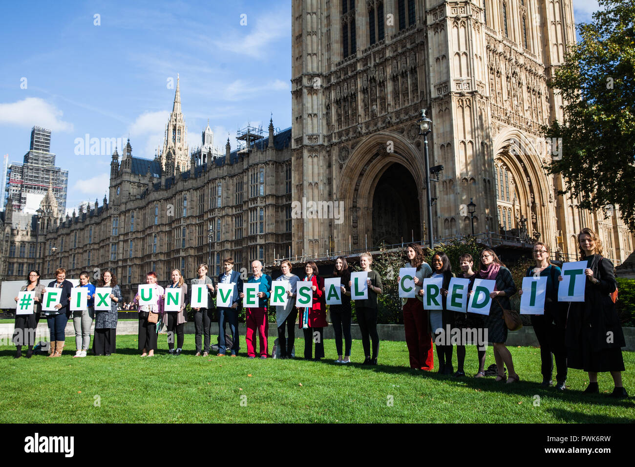 London, UK. 16th October, 2018. Campaigners from End Hunger UK stand outside Parliament in Westminster to call for the Government's Universal Credit system to be fixed. It was announced today by the Government that the rollout of the controversial system would be further delayed. Credit: Mark Kerrison/Alamy Live News Stock Photo
