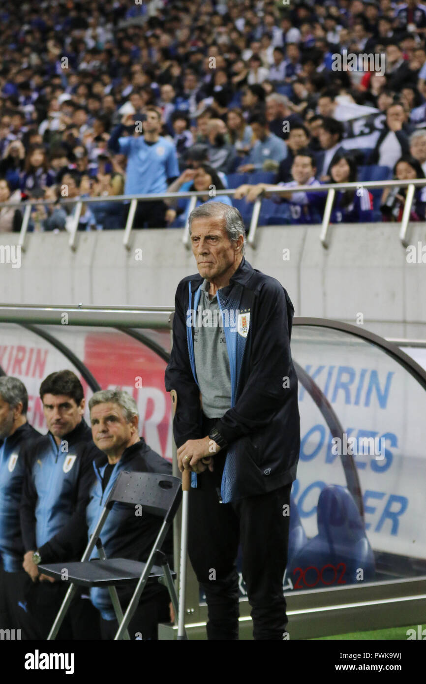 Saitama, Japan. 16th Oct, 2018. Uruguay's head coach Oscar Tabarez stands to listens to the national anthem before starting the Kirin Challenge Cup football match against Japan in Saitama on Tuesday, October 16, 2018. Japan defeated Uruguay 4-3. Credit: Yoshio Tsunoda/AFLO/Alamy Live News Stock Photo