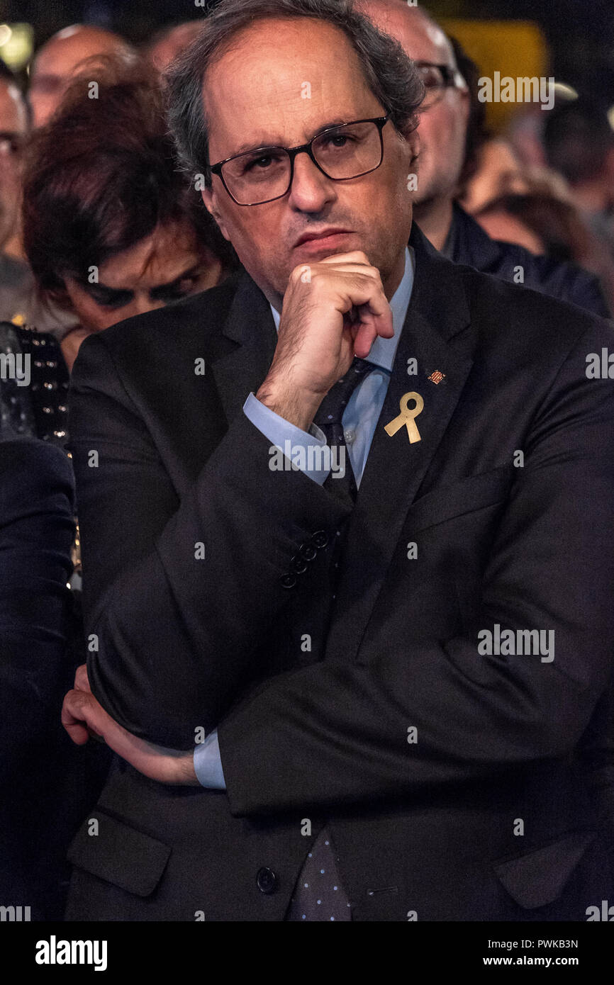 The President of the Generalitat de Catalunya, Quim Torra, is seen during the protest Thousands of people protest demanding for the freedom of Jordi Cuixart and Jordi Sànchez, 'los Jordis' after 1 year in prison, under the motto a year of shame, a year of dignity, they will not stop us. Stock Photo