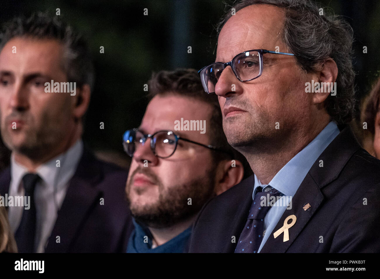 The President of the Generalitat de Catalunya, Quim Torra, is seen during the protest. Thousands of people protest demanding for the freedom of Jordi Cuixart and Jordi Sànchez, 'los Jordis' after 1 year in prison, under the motto a year of shame, a year of dignity, they will not stop us. Stock Photo