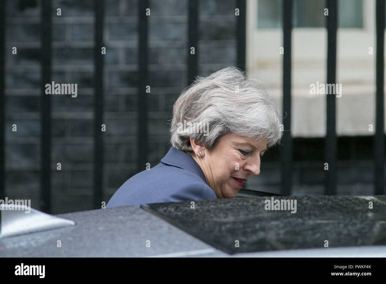 London UK. 17th October 2018.British Prime Minister Theresa May leaves 10 Downing Street to attend the weekly PMQ's Prime Minister Questions before going to Brussels for Brexit talksCredit: amer ghazzal/Alamy Live News Stock Photo