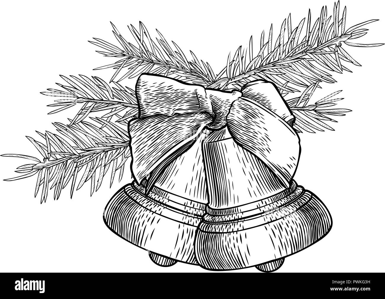 Engraved hand drawn fir branches with bell and red bow isolated on ...