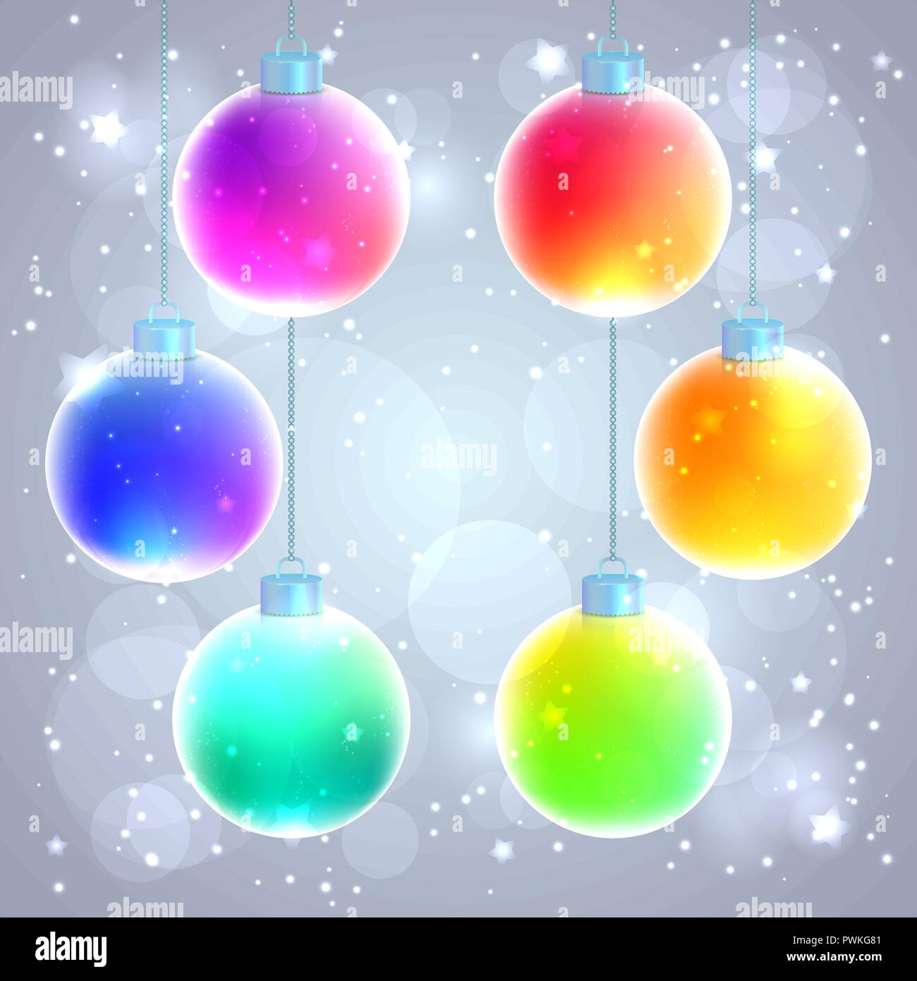 Set of six colorful rainbow Christmas balls on sparkled background Stock Vector
