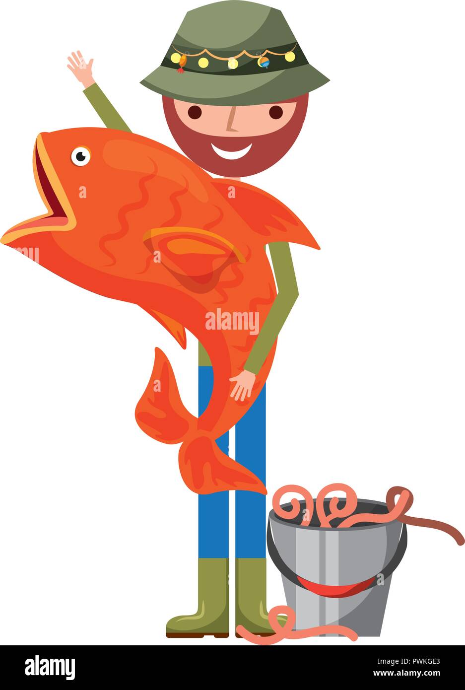 fisherman holding big fish bucket worms vector illustration Stock