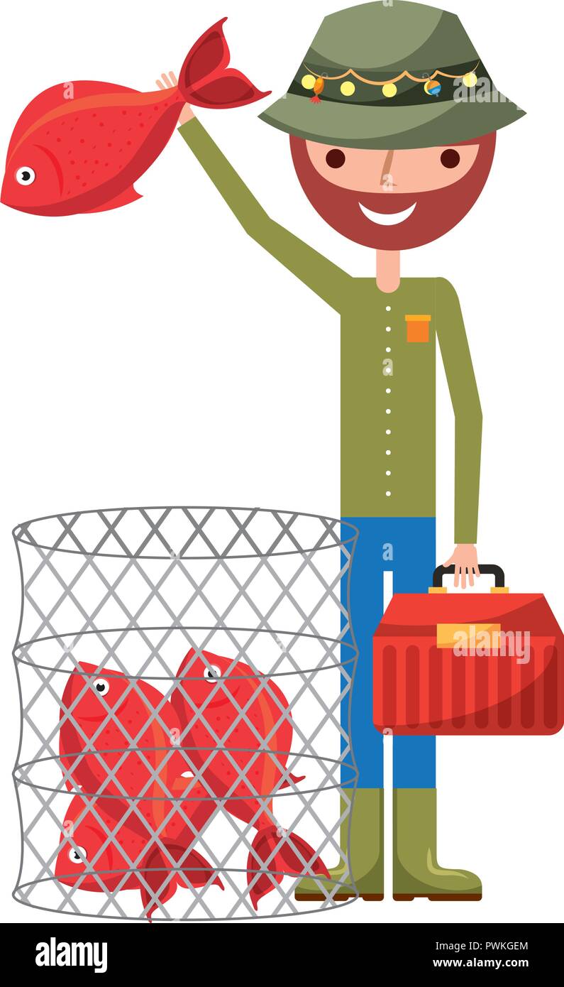 fisherman holding fish and basket filled fishes vector illustration