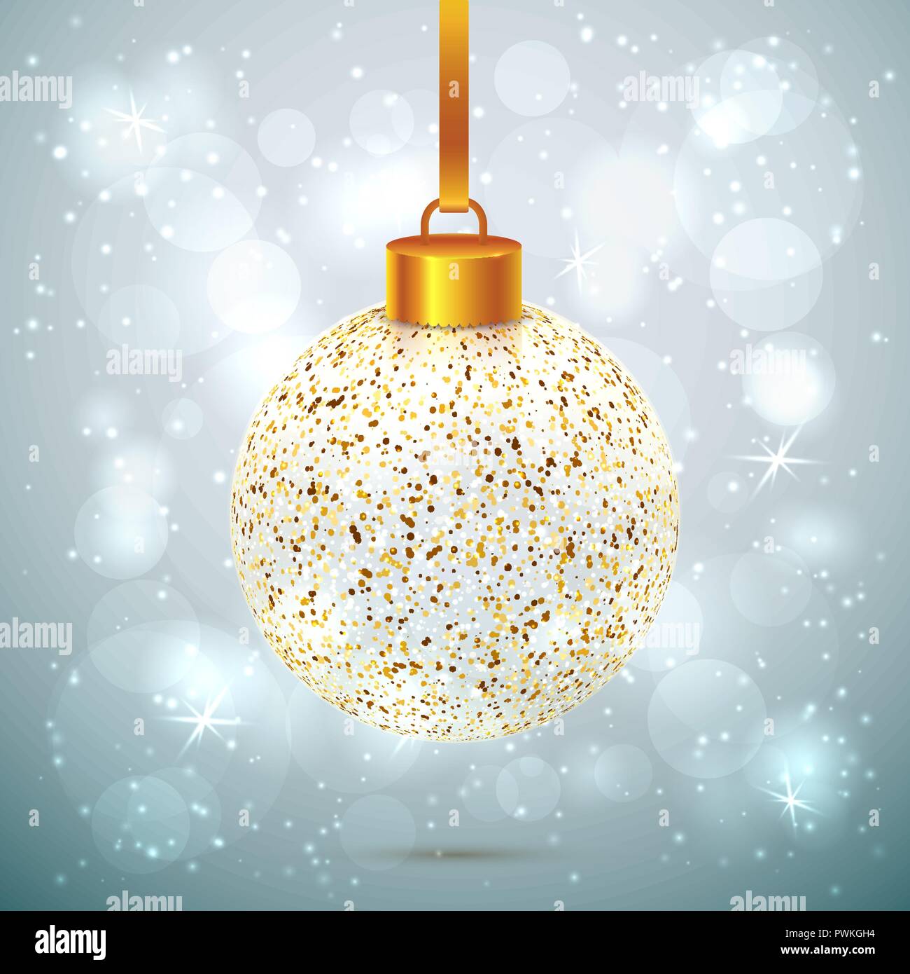 Shining vector transparent and sparkled Christmas ball on light gray background with bokeh effect Stock Vector