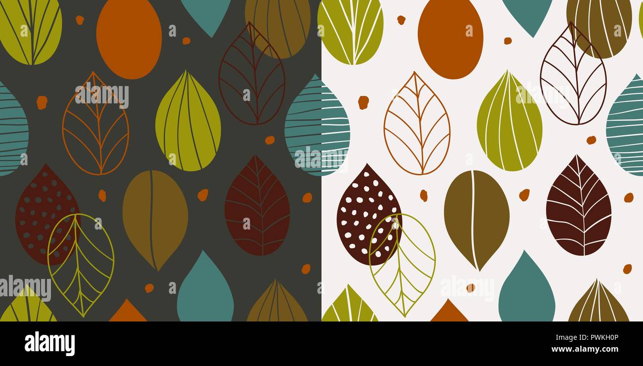 Two seamless autumn patterns with abstract leaves in primitive style on light and dark background. Fall inspired wallpapers in scandinavian style. Stock Vector