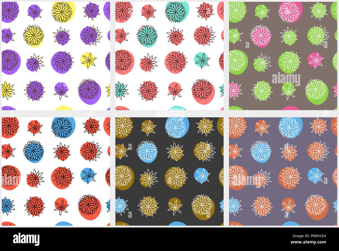 Seamless vector pattern with abstract flowers and circles in six color variation. 6 cute repeating designs for textile, wallpapers, surfaces, apparel. Stock Vector