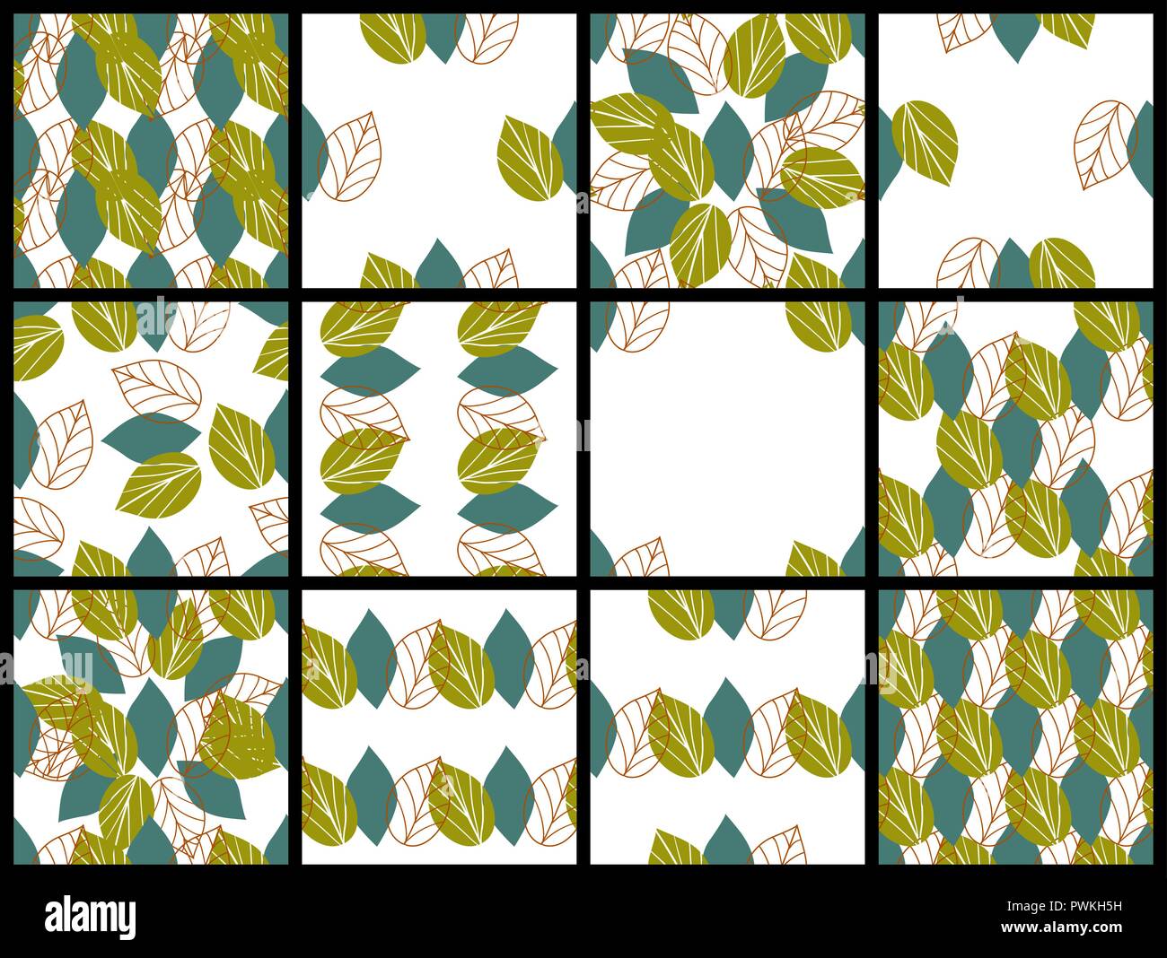 Set of seamless patterns with abstract green and blue leaves in primitive style on white background. Floral wallpapers in scandinavian style. Stock Vector