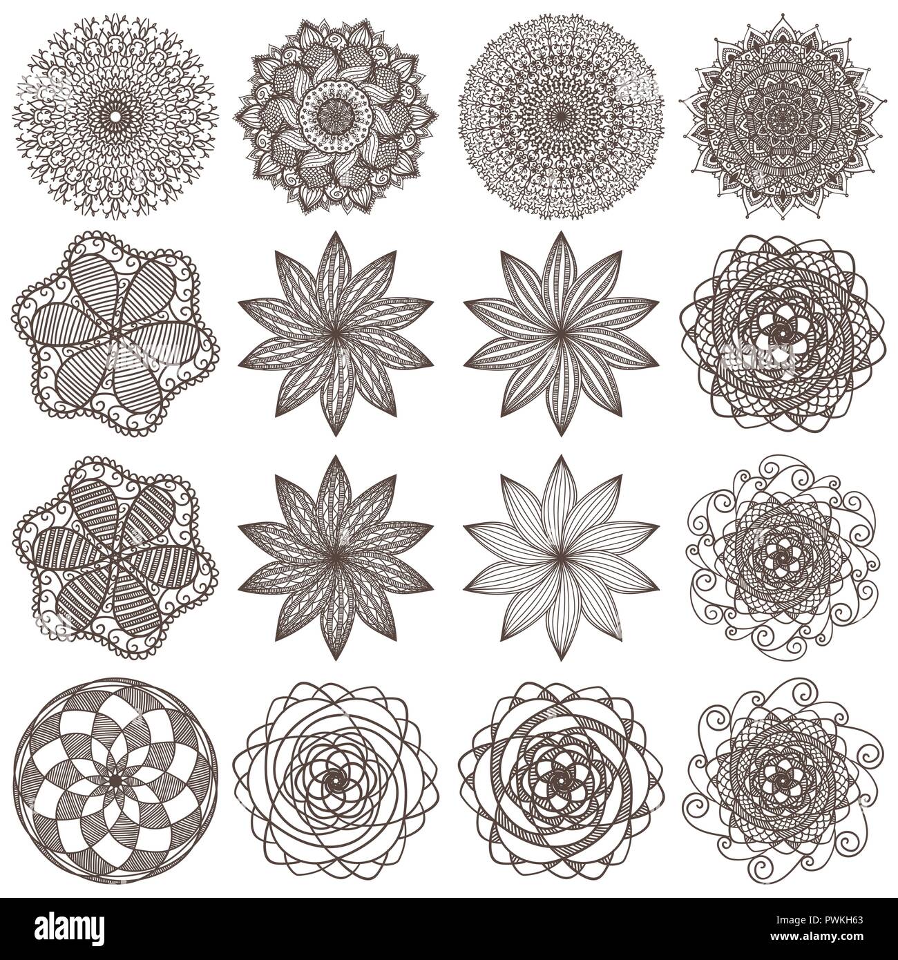 Set of creative and artistic mandalas isolated on white background. Collection of mehendi tattoo designs. Beautiful creative abstract floral ornaments Stock Vector