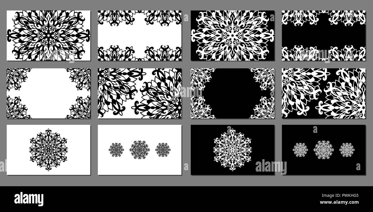 Chic and beautiful vector set of monochrome business cards templates. White and black designs with mandala laces for gift card, certificate, flyers. Stock Vector