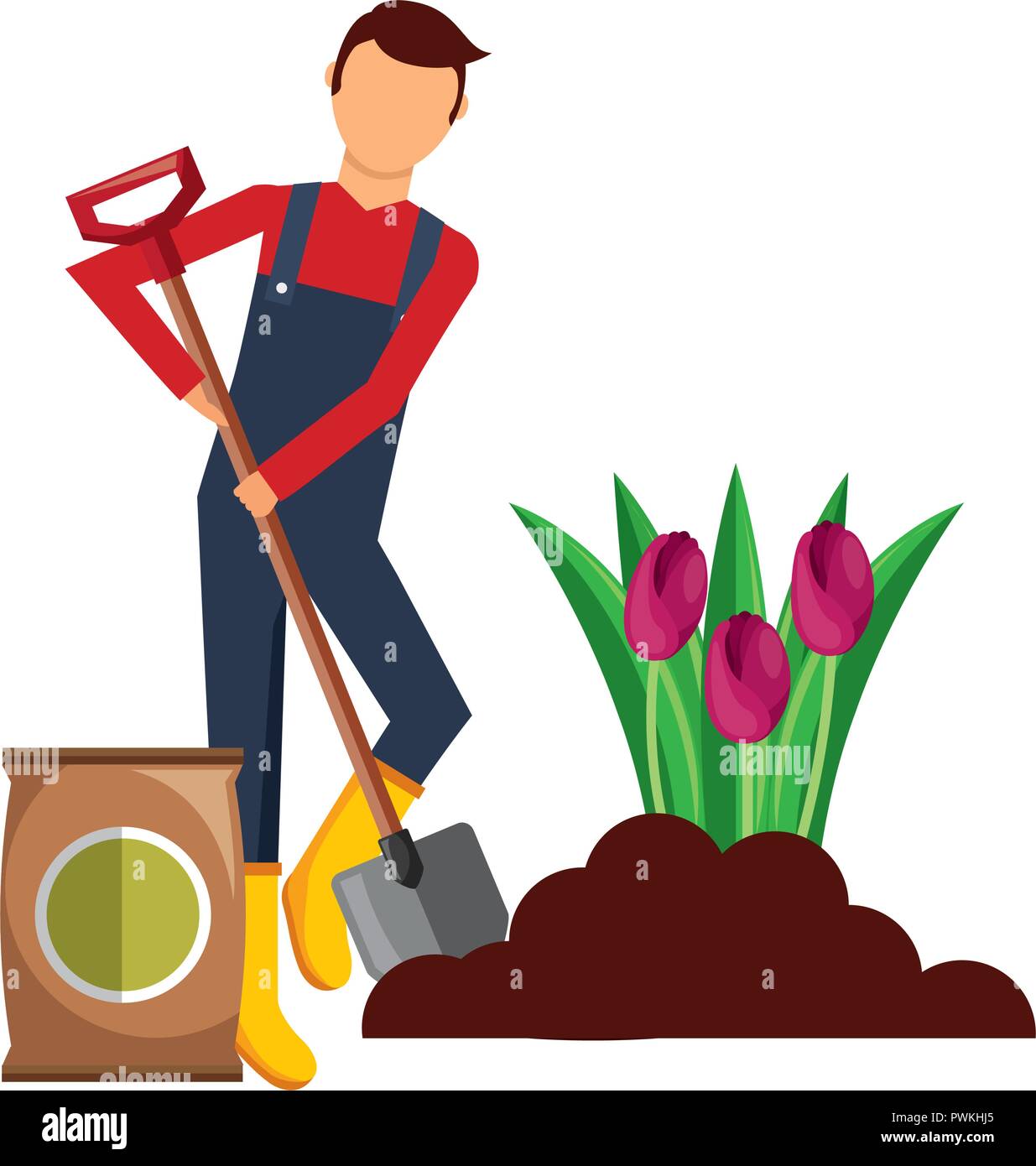 gardener man planting flower with sack soil and shovel vector ...