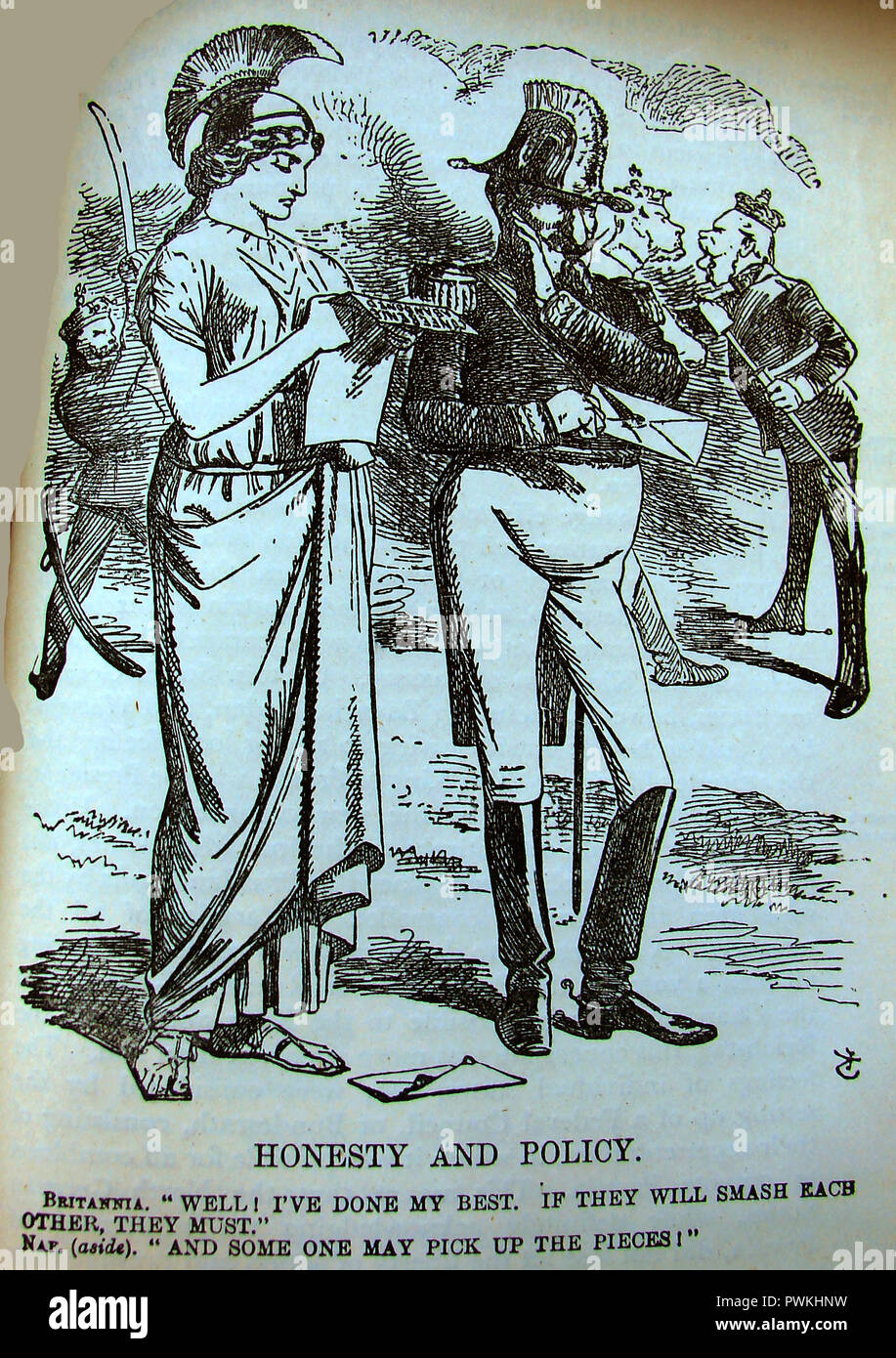 Victorian political cartoon relating to the Austro-Prussian War (Seven Weeks War or Fraternal War) showing Britannia (Britain) and Napoleon who was seeking 'rich pickings' from the conflict Stock Photo