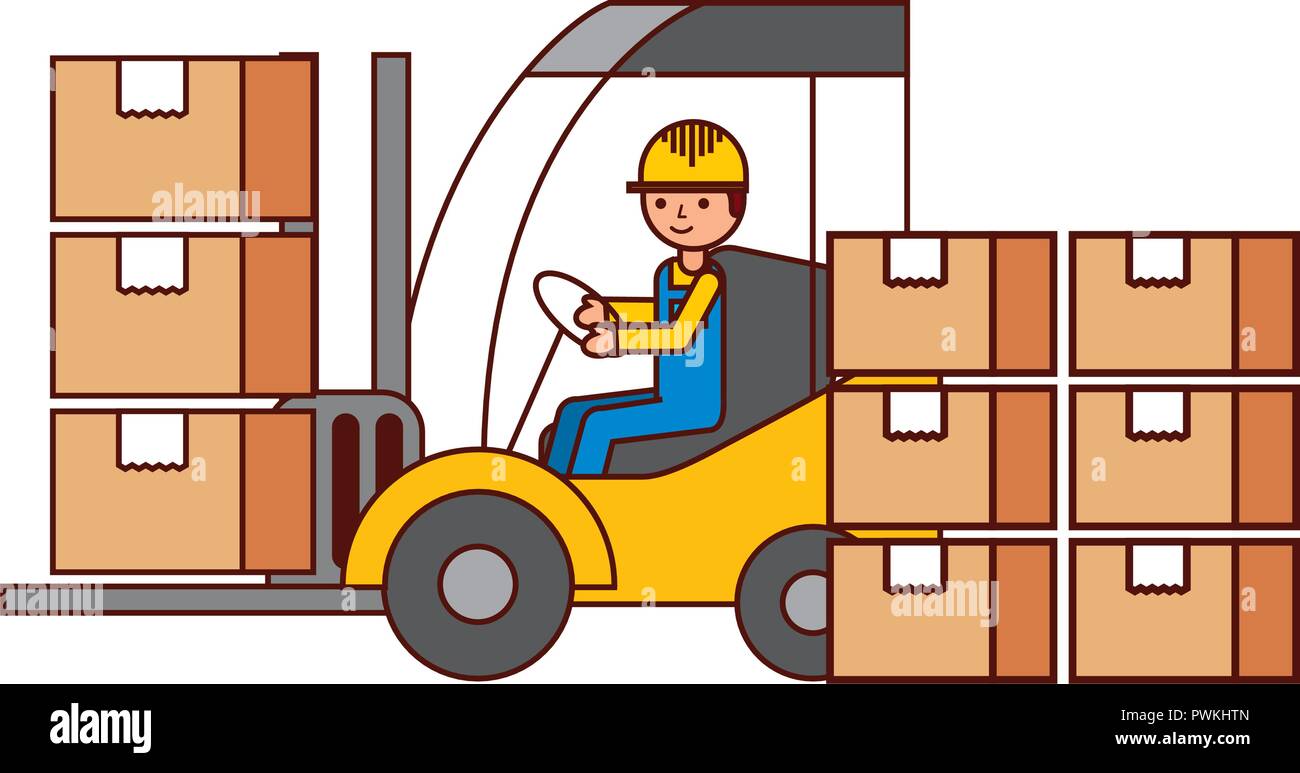 worker driving forklift packages warehouse logistic vector illustration ...