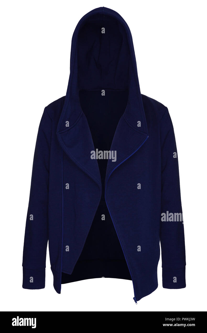 Blue tracksuit unzipped with hood isolated on white background Stock Photo