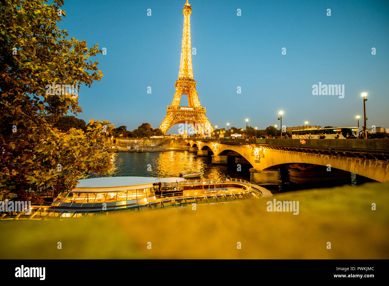 PARIS, FRANCE August 31, 2018 Night view on the Eiffel tower with
